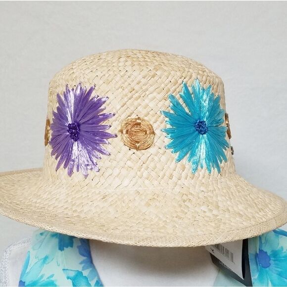 DEADSTOCK Vintage 90s Liz Claiborne Floral Straw Daisy Hat Bucket Hat OSFA